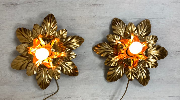 Mid-Century Italian Gilded Iron Flower Sconces from Euro Lamp Arts Firenze, 1980s, Set of 2-WZZ-1183432