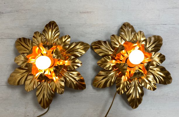 Mid-Century Italian Gilded Iron Flower Sconces from Euro Lamp Arts Firenze, 1980s, Set of 2-WZZ-1183432