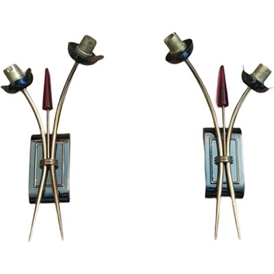 Mid-Century Italian Gilt Gold and Black Metal Sconces, Set of 2-TCS-2041723