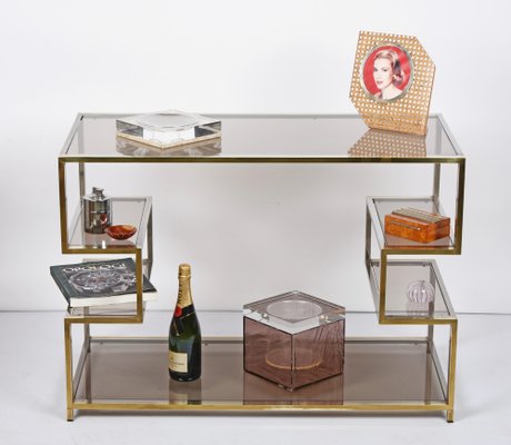 Mid-Century Italian Gold Brass and Glass Console Table, 1970s-JDR-1165978