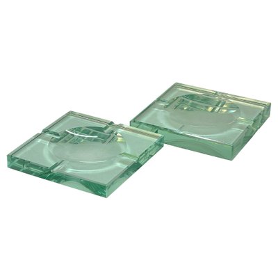 Mid-Century Italian Green Crystal Glass Squared Ashtrays from Fontana Arte, Set of 2-JDR-1125501