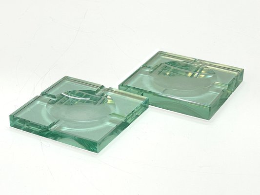 Mid-Century Italian Green Crystal Glass Squared Ashtrays from Fontana Arte, Set of 2-JDR-1125501