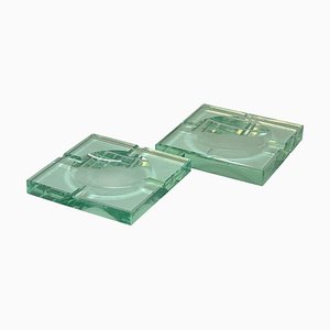 Mid-Century Italian Green Crystal Glass Squared Ashtrays from Fontana Arte, Set of 2-JDR-1125501