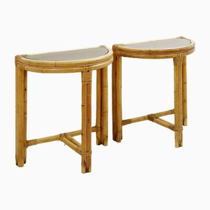 Mid-Century Italian Half-Moon Bamboo and Smoked Glass Console Tables, Set of 2-NYF-2018948