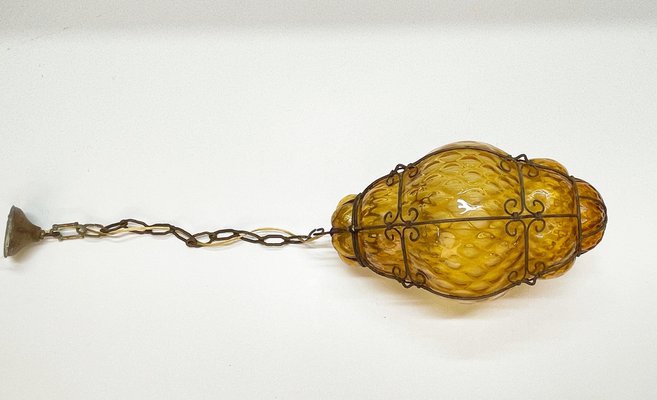 Mid-Century Italian Handblown Murano Amber Glass Cage Pendant Light from Seguso, 1940s-JDR-1125585