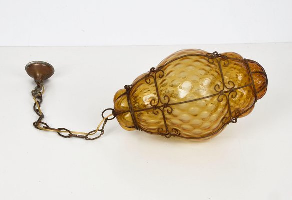 Mid-Century Italian Handblown Murano Amber Glass Cage Pendant Light from Seguso, 1940s-JDR-1125585