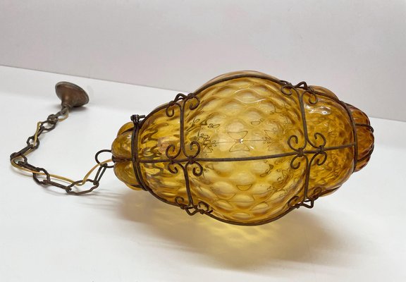 Mid-Century Italian Handblown Murano Amber Glass Cage Pendant Light from Seguso, 1940s-JDR-1125585