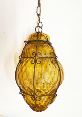 Mid-Century Italian Handblown Murano Amber Glass Cage Pendant Light from Seguso, 1940s-JDR-1125585