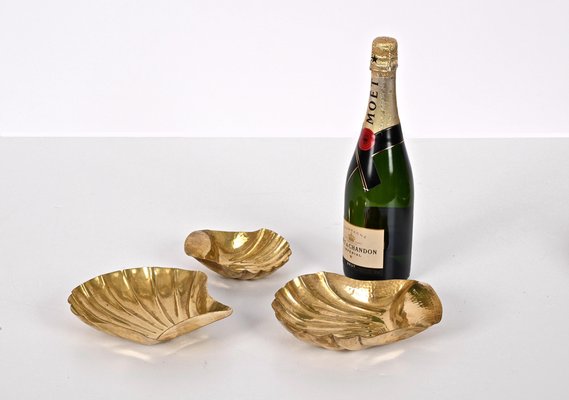 Mid-Century Italian Handmade Brass Shell Shaped Bowls for Metal Art, 1970s, Set of 3-JDR-1310724