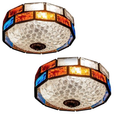 Mid-Century Italian Iron and Colorful Murano Glass Ceiling Lights or Flush Mounts, Set of 2-MBH-1032552