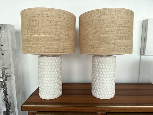 Mid-Century Italian Lamps in White Ceramic Enameled Feather, 1970s, Set of 2-FUE-1735834