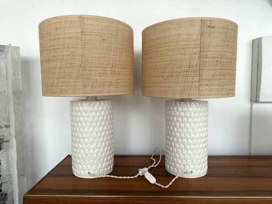 Mid-Century Italian Lamps in White Ceramic Enameled Feather, 1970s, Set of 2-FUE-1735834