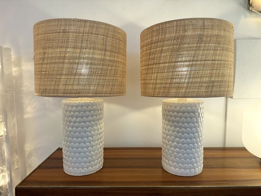 Mid-Century Italian Lamps in White Ceramic Enameled Feather, 1970s, Set of 2-FUE-1735834