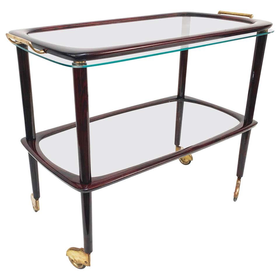 Mid-Century Italian Mahogany Bar Cart With Glass Serving Tray by Cesare Lacca for Fratelli Reguitti, 1950s