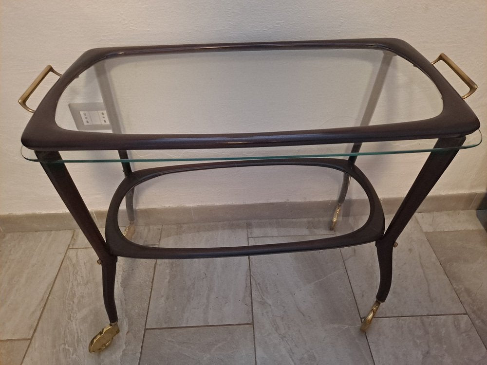 Mid-Century Italian Mahogany Bar Cart With Glass Serving Tray by Cesare Lacca for Fratelli Reguitti, 1950s