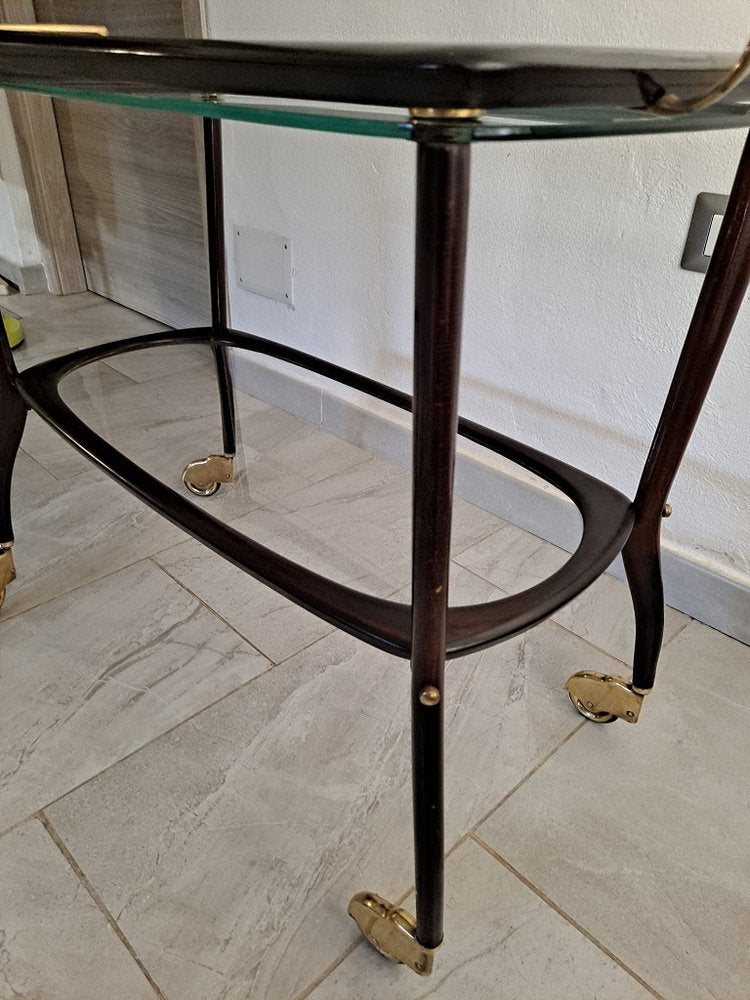 Mid-Century Italian Mahogany Bar Cart With Glass Serving Tray by Cesare Lacca for Fratelli Reguitti, 1950s