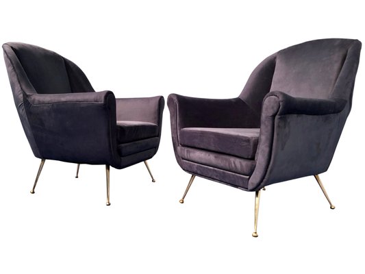 Mid-Century Italian Midnight Blue Velvet Lounge Chairs in the Style of Gio Ponti, 1950s, Set of 2-MTX-731206