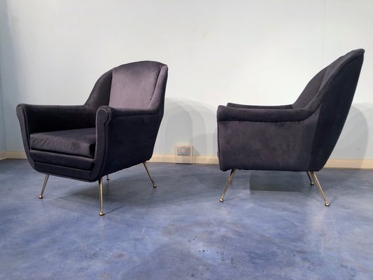 Mid-Century Italian Midnight Blue Velvet Lounge Chairs in the Style of Gio Ponti, 1950s, Set of 2-MTX-731206