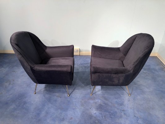 Mid-Century Italian Midnight Blue Velvet Lounge Chairs in the Style of Gio Ponti, 1950s, Set of 2-MTX-731206