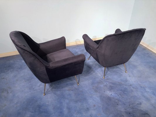 Mid-Century Italian Midnight Blue Velvet Lounge Chairs in the Style of Gio Ponti, 1950s, Set of 2-MTX-731206