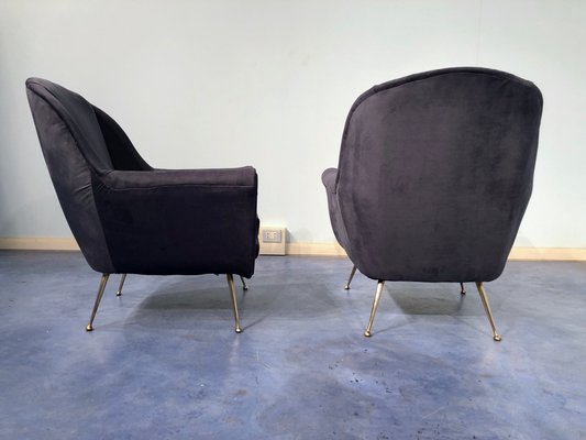 Mid-Century Italian Midnight Blue Velvet Lounge Chairs in the Style of Gio Ponti, 1950s, Set of 2-MTX-731206