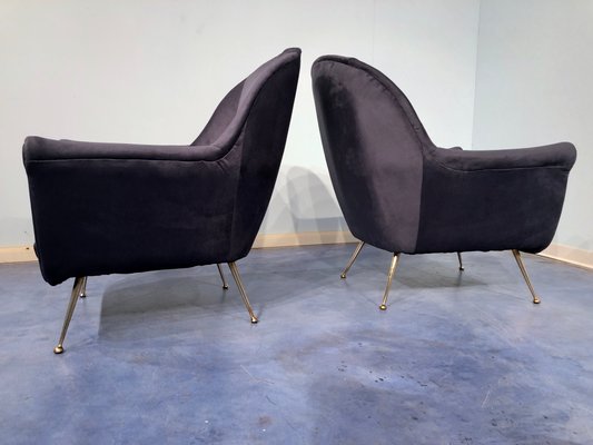 Mid-Century Italian Midnight Blue Velvet Lounge Chairs in the Style of Gio Ponti, 1950s, Set of 2-MTX-731206