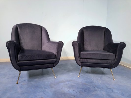 Mid-Century Italian Midnight Blue Velvet Lounge Chairs in the Style of Gio Ponti, 1950s, Set of 2-MTX-731206