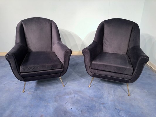 Mid-Century Italian Midnight Blue Velvet Lounge Chairs in the Style of Gio Ponti, 1950s, Set of 2-MTX-731206