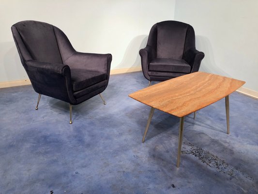 Mid-Century Italian Midnight Blue Velvet Lounge Chairs in the Style of Gio Ponti, 1950s, Set of 2-MTX-731206