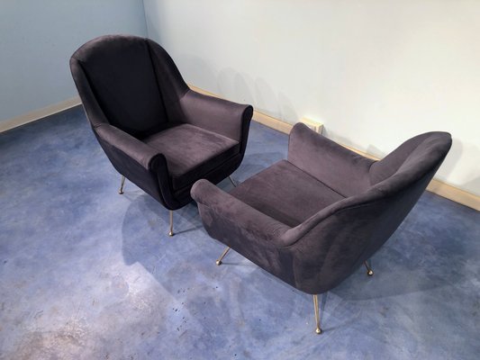 Mid-Century Italian Midnight Blue Velvet Lounge Chairs in the Style of Gio Ponti, 1950s, Set of 2-MTX-731206