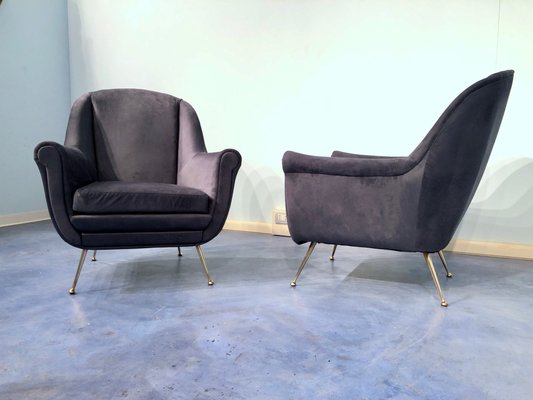 Mid-Century Italian Midnight Blue Velvet Lounge Chairs in the Style of Gio Ponti, 1950s, Set of 2-MTX-731206