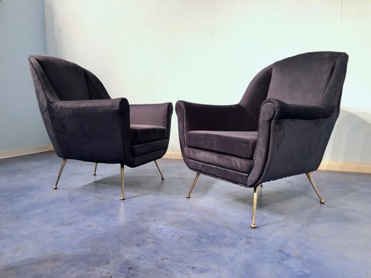 Mid-Century Italian Midnight Blue Velvet Lounge Chairs in the Style of Gio Ponti, 1950s, Set of 2-MTX-731206