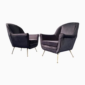 Mid-Century Italian Midnight Blue Velvet Lounge Chairs in the Style of Gio Ponti, 1950s, Set of 2-MTX-731206