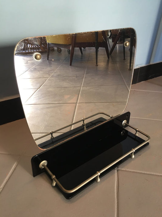 Mid-Century Italian Mirror with Details in Steel Rod and Shelf in Black Glass