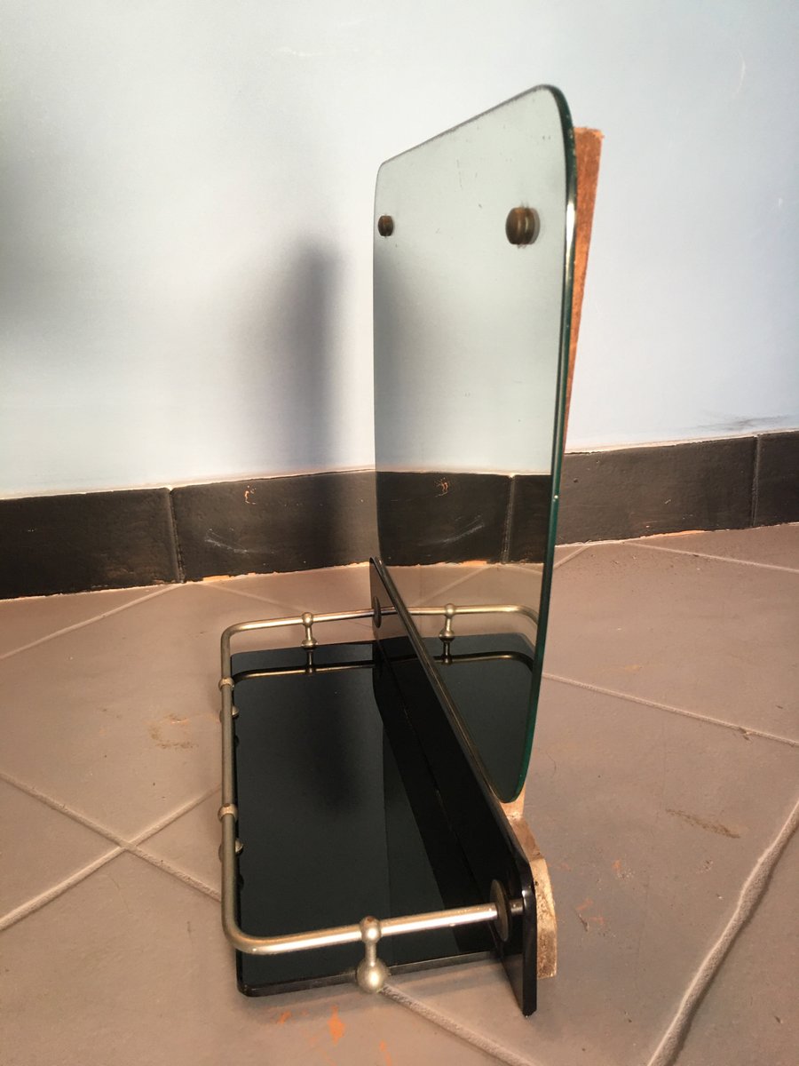 Mid-Century Italian Mirror with Details in Steel Rod and Shelf in Black Glass