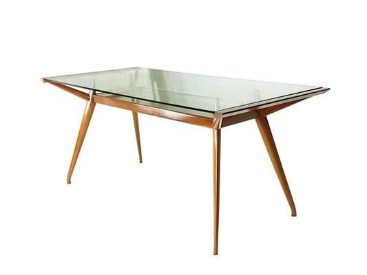 Mid-Century Italian Modern Beech Wood and Glass Dining Table from Isa, 1950s-RD-1819433