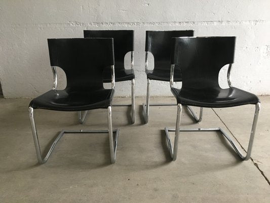 Mid-Century Italian Modern Black Leather Model 920 Cantilever Chairs by Carlo Bartoli, 1970s, Set of 4-DHH-1330609