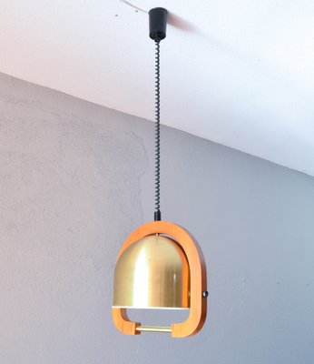 Mid-Century Italian Modern Brass and Oak Adjustable Height Chandelier, 1970s-IJF-1808126