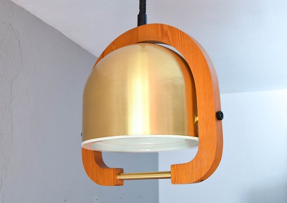 Mid-Century Italian Modern Brass and Oak Adjustable Height Chandelier, 1970s-IJF-1808126