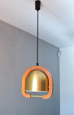 Mid-Century Italian Modern Brass and Oak Adjustable Height Chandelier, 1970s-IJF-1808126