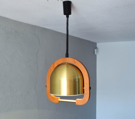 Mid-Century Italian Modern Brass and Oak Adjustable Height Chandelier, 1970s-IJF-1808126