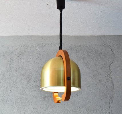 Mid-Century Italian Modern Brass and Oak Adjustable Height Chandelier, 1970s-IJF-1808126