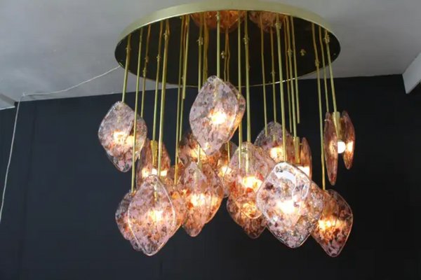 Mid-Century Italian Modern Brass and Pink Glass Chandelier, 2000s-YF-1723274