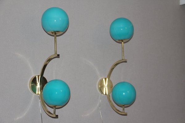 Mid-Century Italian Modern Brass and Turquoise Blue Glass Sconces, 1990s, Set of 2-YF-796115