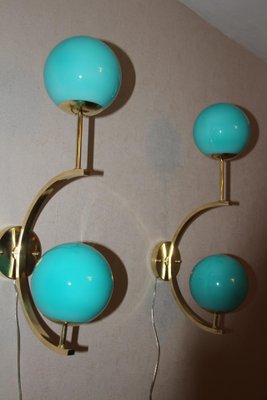 Mid-Century Italian Modern Brass and Turquoise Blue Glass Sconces, 1990s, Set of 2-YF-796115