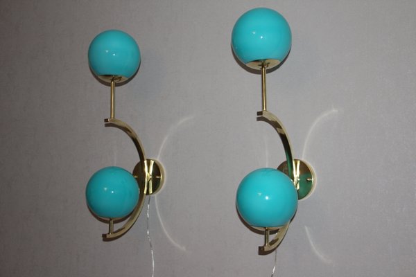 Mid-Century Italian Modern Brass and Turquoise Blue Glass Sconces, 1990s, Set of 2-YF-796115