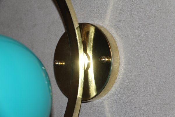 Mid-Century Italian Modern Brass and Turquoise Blue Glass Sconces, 1990s, Set of 2-YF-796115