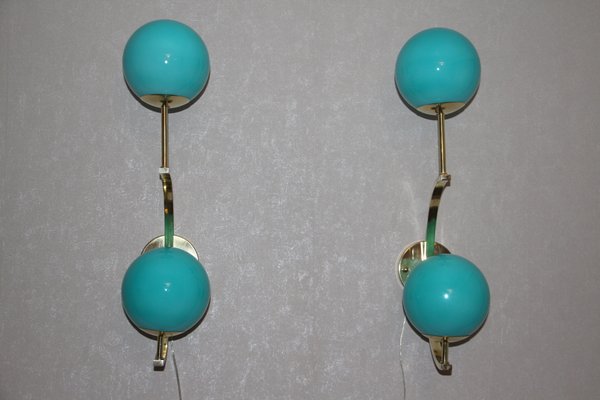 Mid-Century Italian Modern Brass and Turquoise Blue Glass Sconces, 1990s, Set of 2-YF-796115