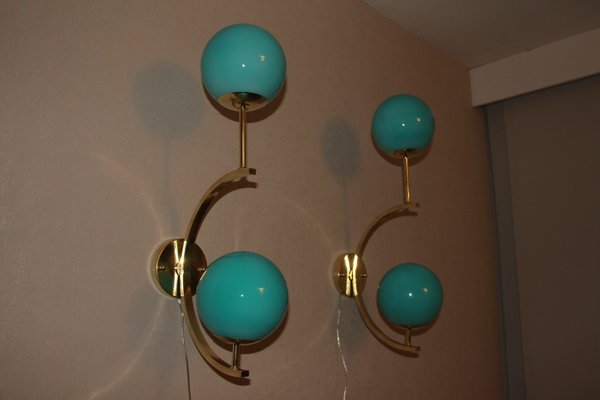 Mid-Century Italian Modern Brass and Turquoise Blue Glass Sconces, 1990s, Set of 2-YF-796115