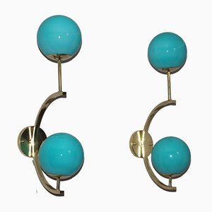 Mid-Century Italian Modern Brass and Turquoise Blue Glass Sconces, 1990s, Set of 2-YF-796115